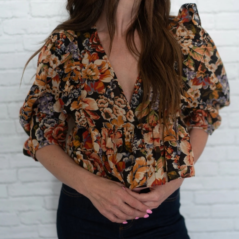 Olivaceous Fall Floral Puff Sleeve Ruffled Blouse